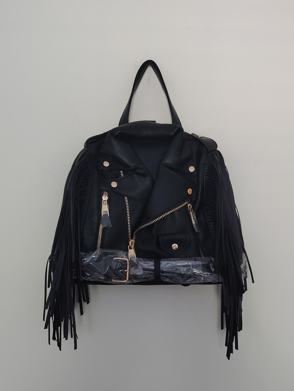 Black Vegan Leather Fringe Motorcycle-Style Backpack - Women's Bag